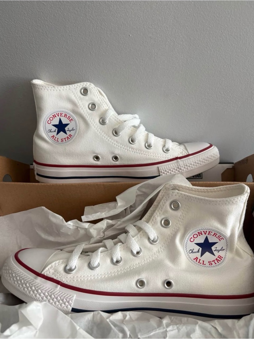 Converse White High Top Women’s Sneakers with Red & Navy Trim
